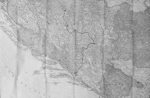 Lantern slide of a map of Bosnia Herzegovina with a journey inked on it