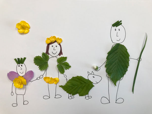 Flower friends. Stick people decorated with leaves and flowers