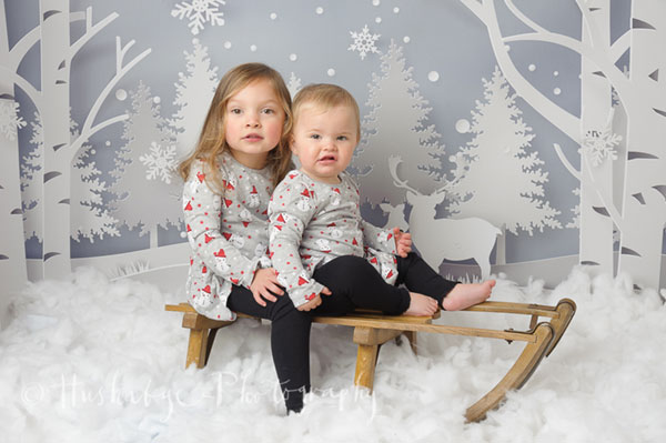 Blue snowy Christmas backdrop with sledge